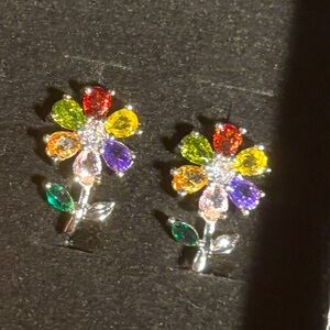 18K White Gold Plated Floral Multicolor Earrings!! NIP